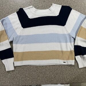 Hollister Striped Crew Neck Sweater - Navy, White, Tan, Light Blue